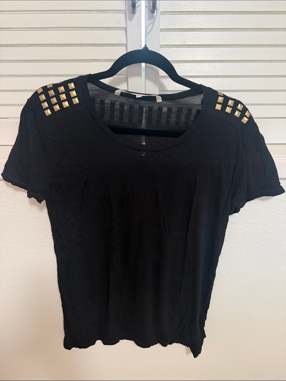 RACHEL Rachel Roy Black Short Sleeve Tee with Gold Pyramid Studs